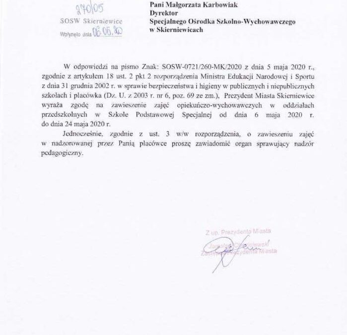 Informacja dot. zawieszenia działalności oddziałów przedszkolnych